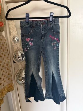 healthtex Girls' Blue Denim Flare Jeans with Pink Embroidery